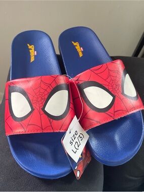 Spiderman Red & Blue Kids Slide Sandals with Mask Graphic